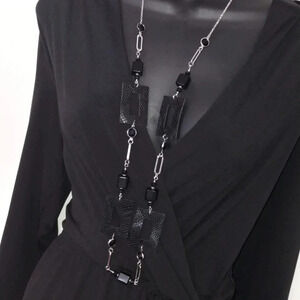 Black Silver Long Leather Beaded Necklace Earring Set